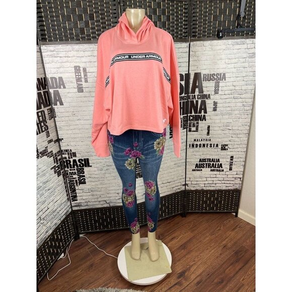 Under Armour L Peach Logo Front Terry Knit Loose Fit Long Sleeve Crop Hoodie - Picture 3 of 6